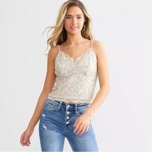 Willow Root Champagne Sequins & Lace Tank Top L
